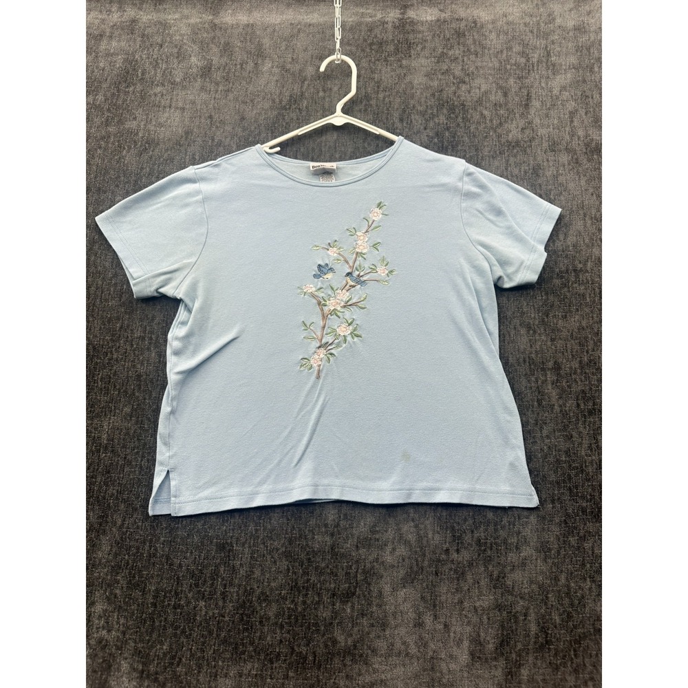 BonWorth T Shirt Womens Small Petite Blue Floral Embroidered Cotton Side Slit